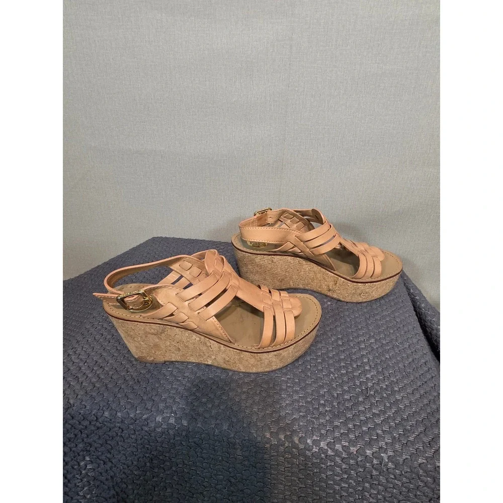 Tory Burch Tan Leather Woven Cage Cork Platform Wedge Sandals 7.5 M Brazil